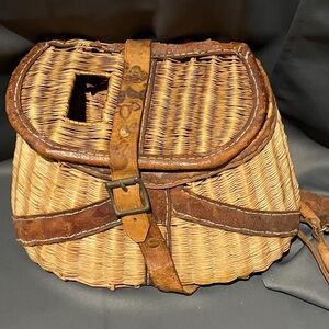 Woven Basket with Leather Straps